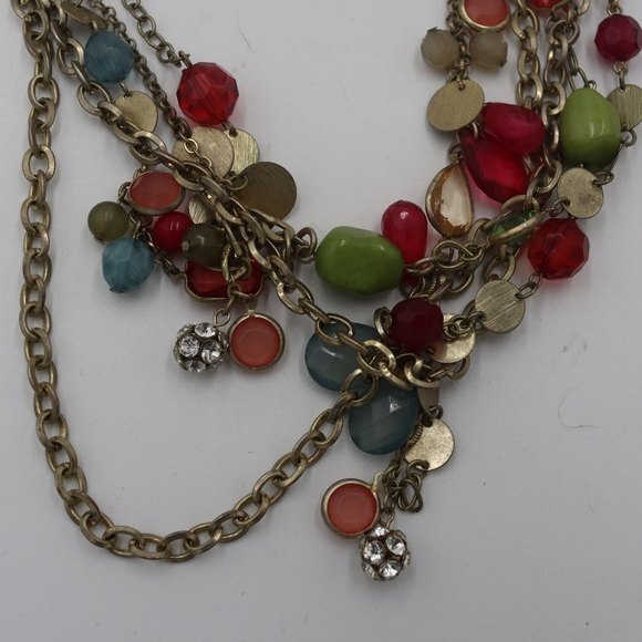 Multi-Strand Colorful Chain Boho Statement Necklace with Stones & Rhinestones - Picture 3 of 10